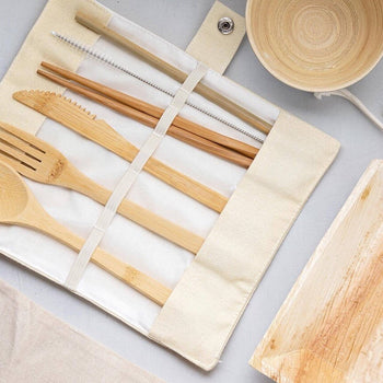 A set of wooden reusable Cutlery & Straws