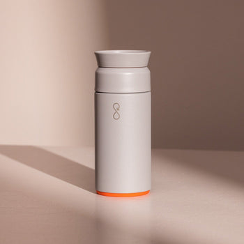 A light grey Ocean Bottle on a counter top