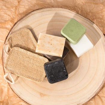 Bars of shampoo & Conditioner and rough sponges on a tray