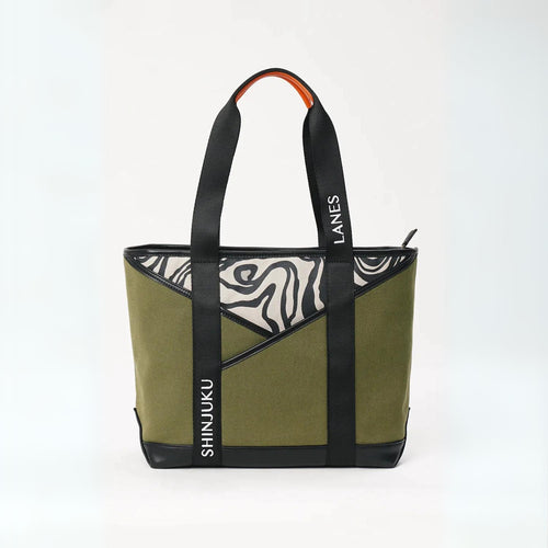 Origami Pocket Tote - Khaki Green Terrain Print