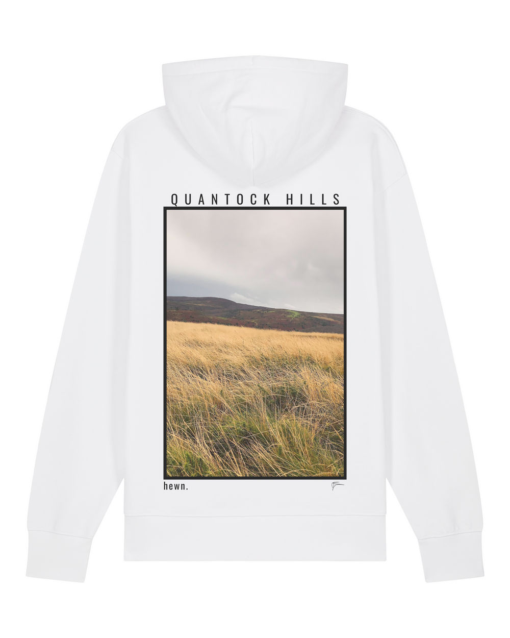 Mens Midweight White Hoodie with Quantock Hills Back-Print