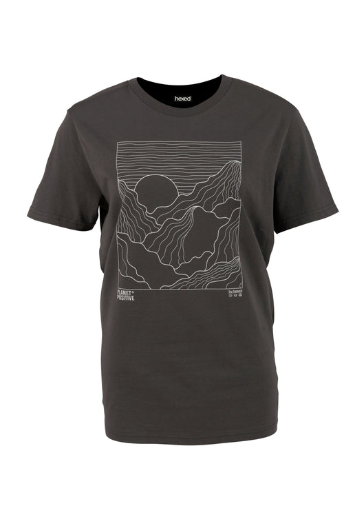 A Hexed Fashion dark grey t-shirt with a line drawing landscape printed on it 