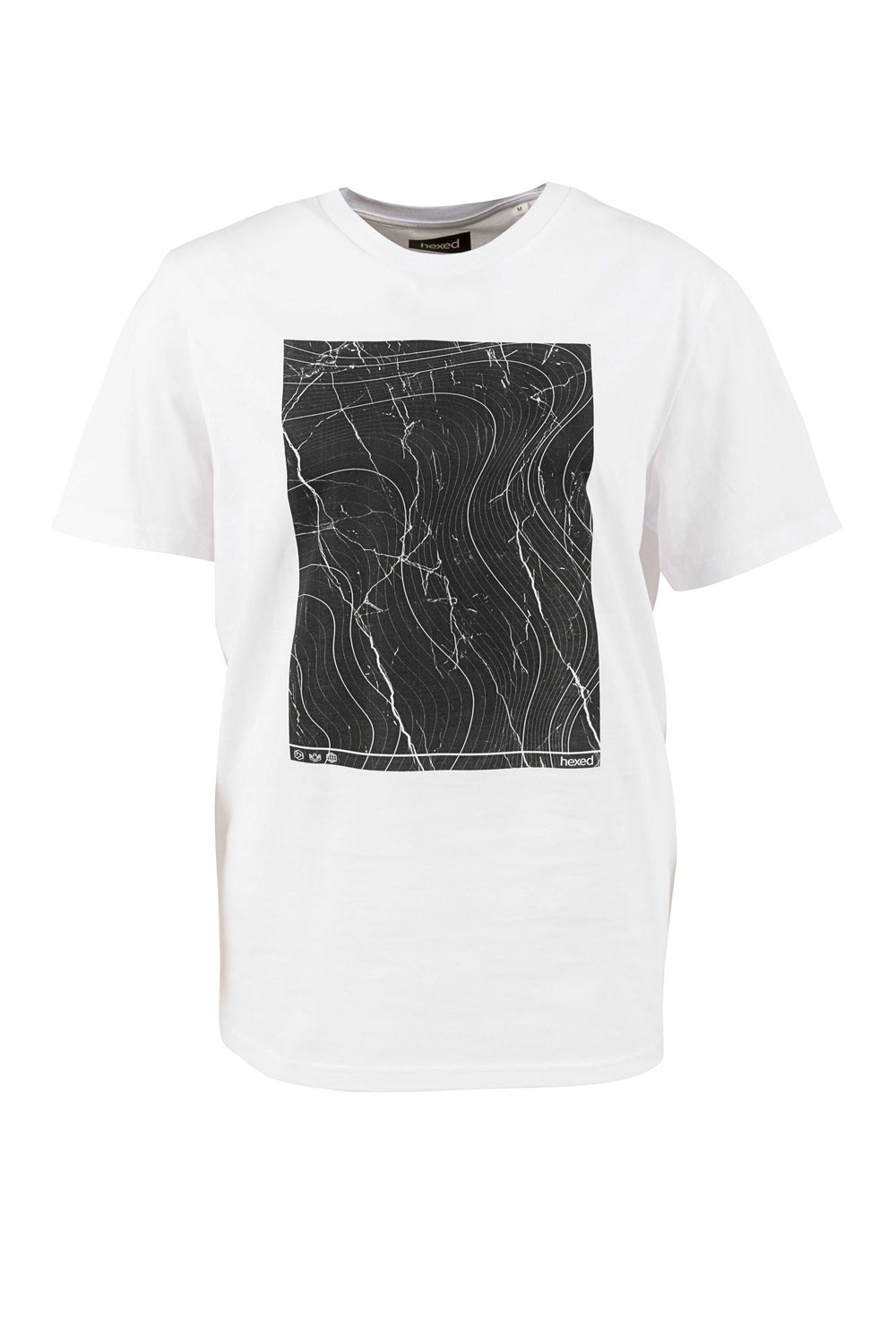 A Hexed Fashion white t-shirt with a black rectangular print on the front showing flowing lines