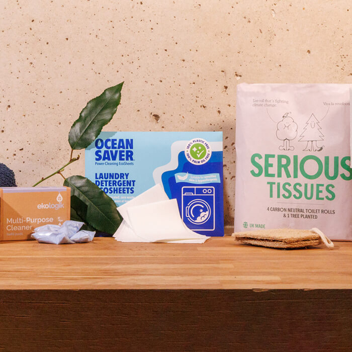 Ocean Saver, ekologik and Serious Tissues products on a wooden worktop