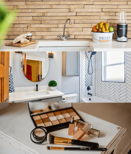 A collage with images of a kitchen, a bathroom and makeup on a table