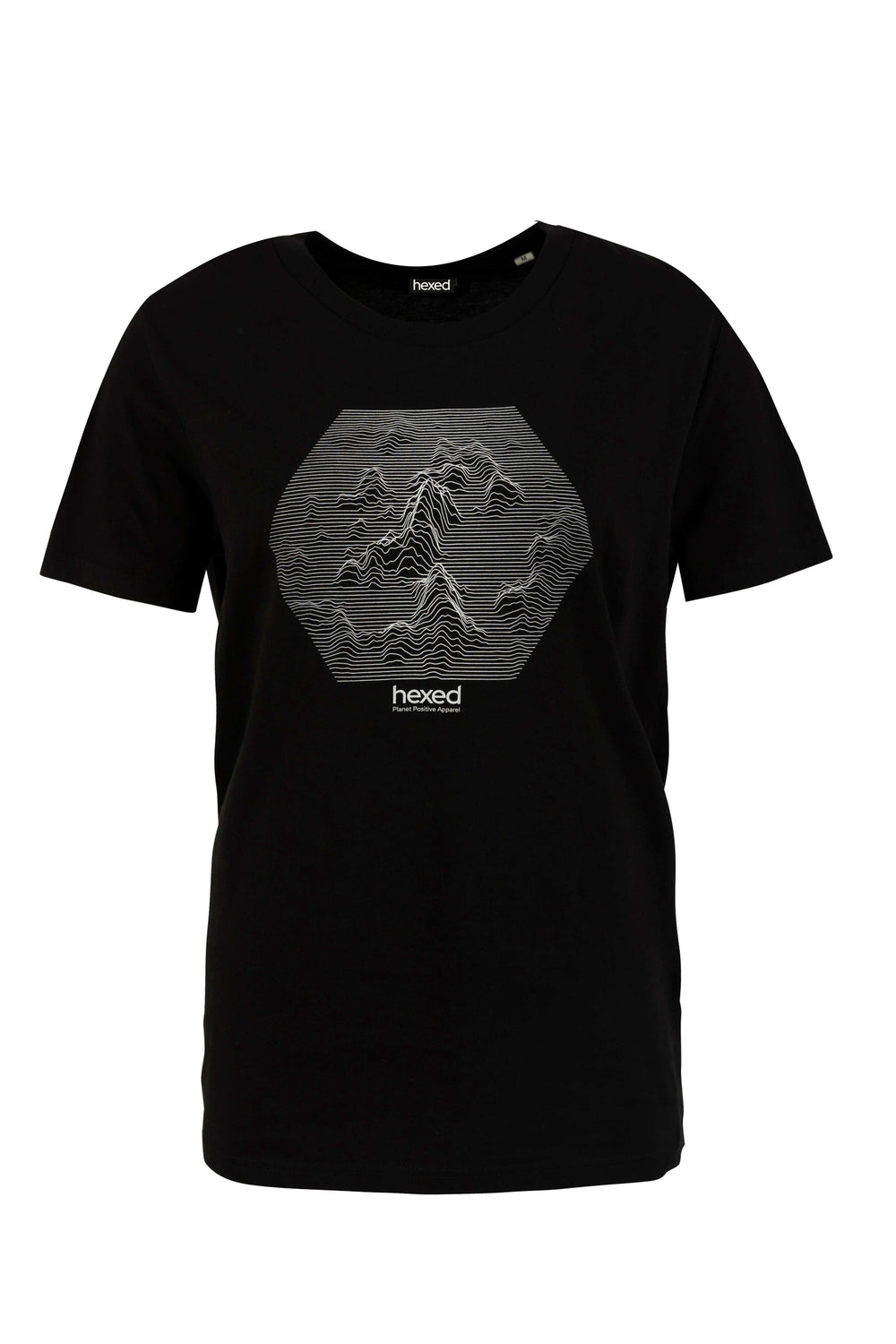 A black Hexed Fashion t-shirt with white lined contours of mountains within a hexagon shape