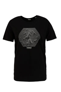 A black Hexed Fashion t-shirt with white lined contours of mountains within a hexagon shape