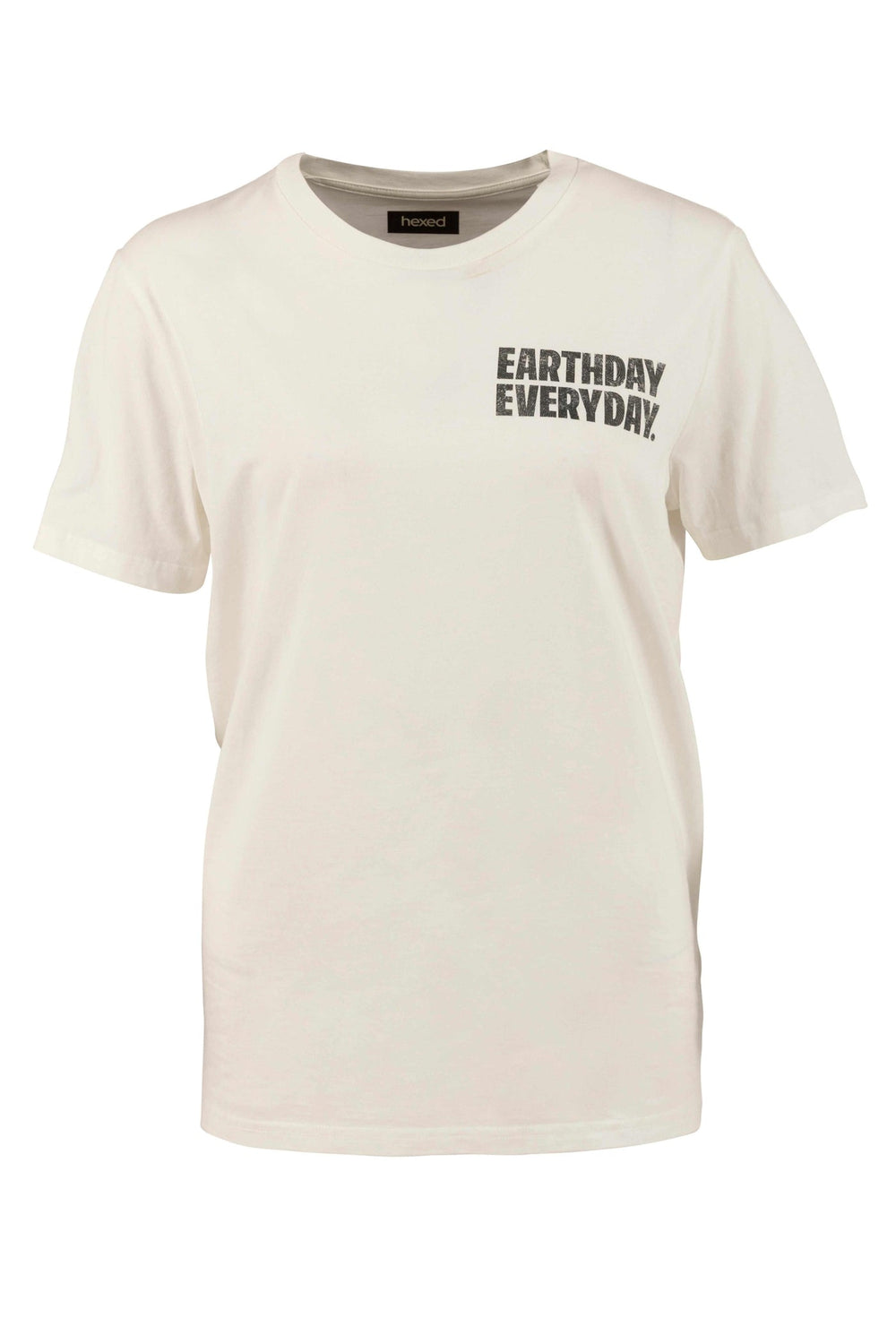 A Hexed Fashion white t-shirt with 'EARTHDAY EVERYDAY.' printed on the top right