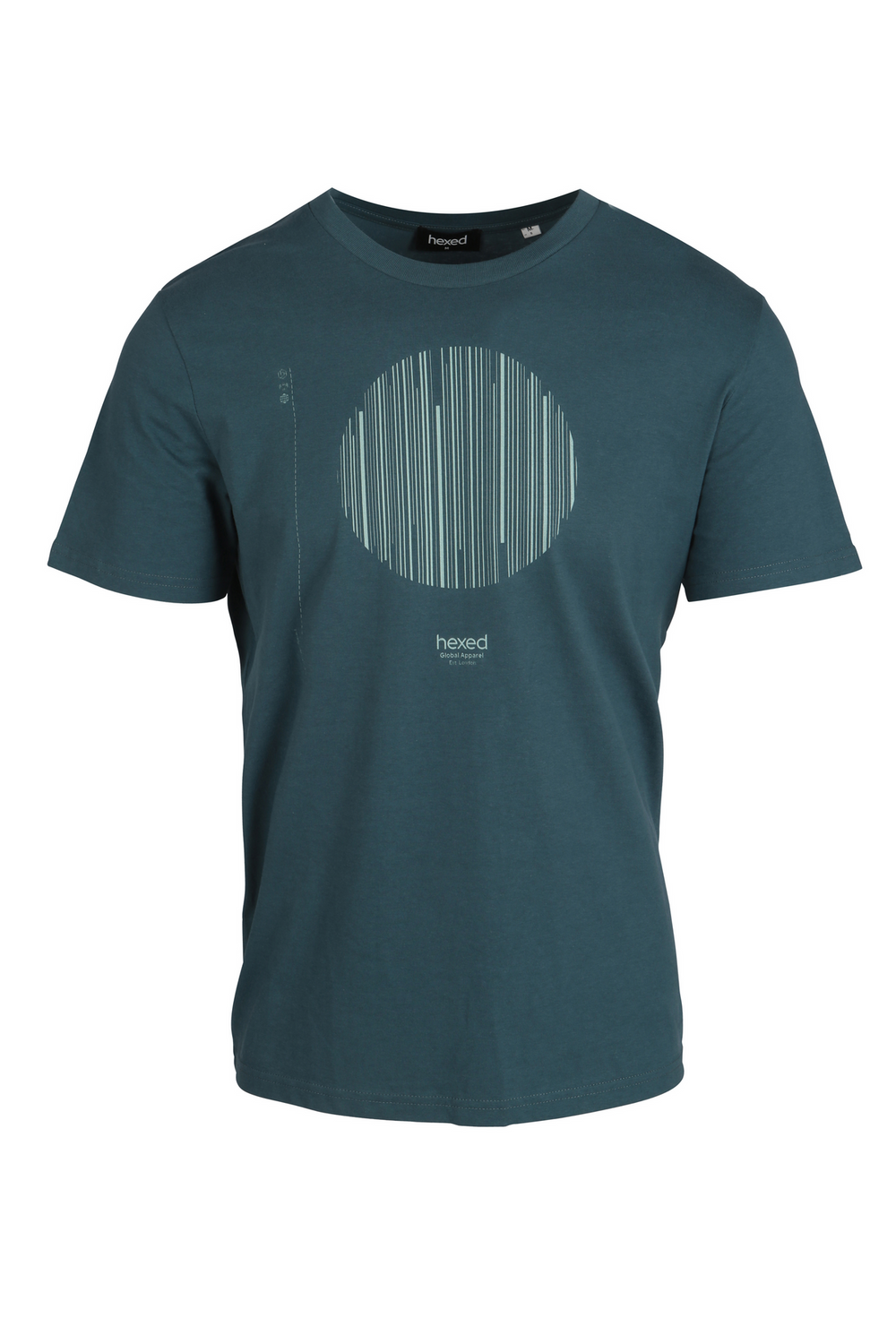 A teal Hexed Fashion t-shirt with a lined graphic within a circle