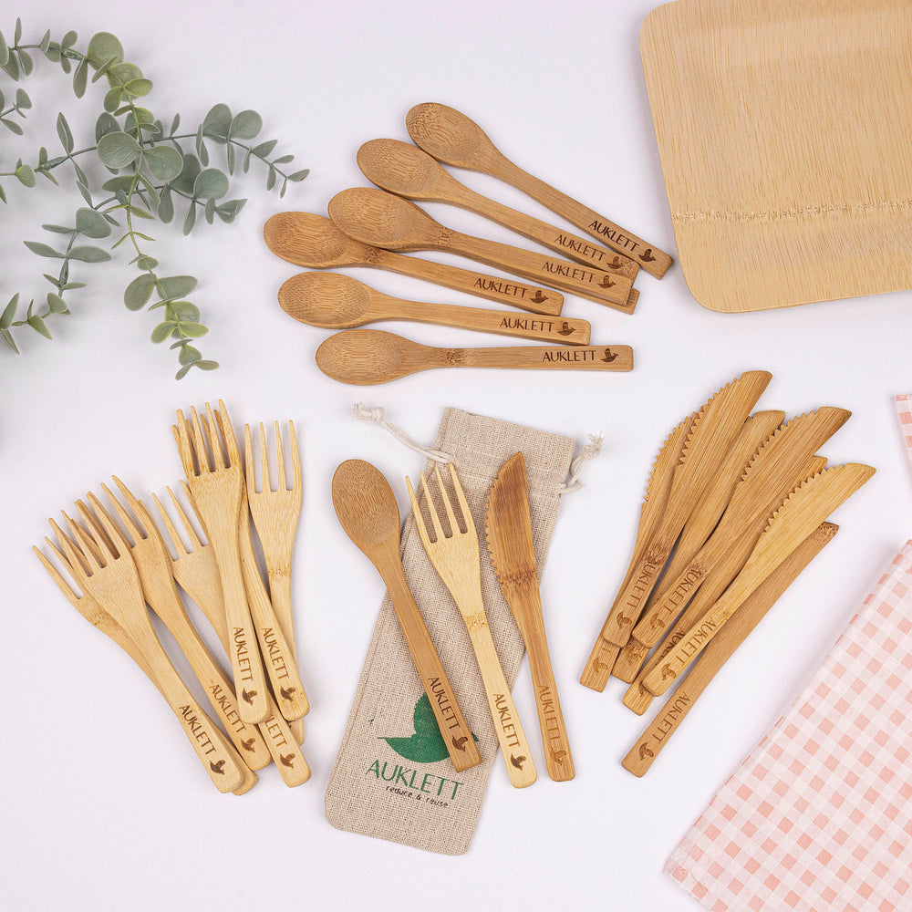 24 Pack Reusable Bamboo Cutlery Set - 8 Forks, 8 Spoons, 8 Knives