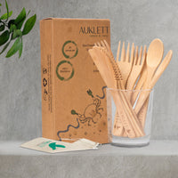 24 Pack Reusable Bamboo Cutlery Set - 8 Forks, 8 Spoons, 8 Knives