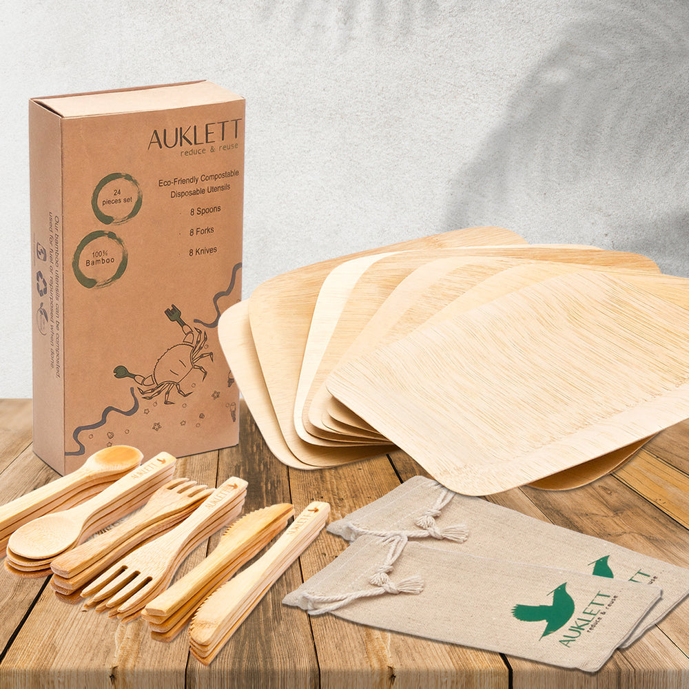 8 Set Reusable Bamboo Cutlery with Bamboo Plates and Travel Pouch