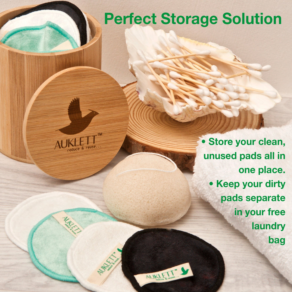 Reusable Bamboo Cotton Pads with Konjac Sponge and Bamboo Storage Pot – Pack of 20 (Multicolour)