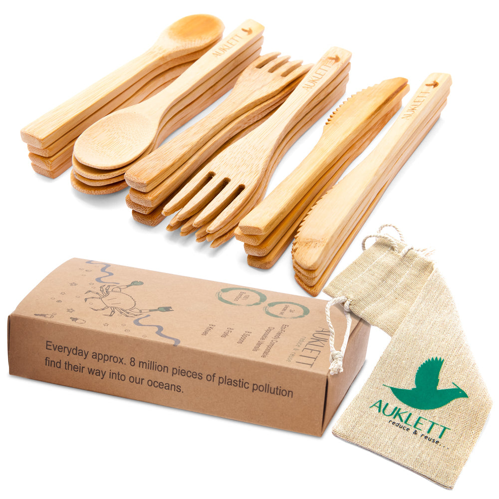 24 Pack Reusable Bamboo Cutlery Set - 8 Forks, 8 Spoons, 8 Knives